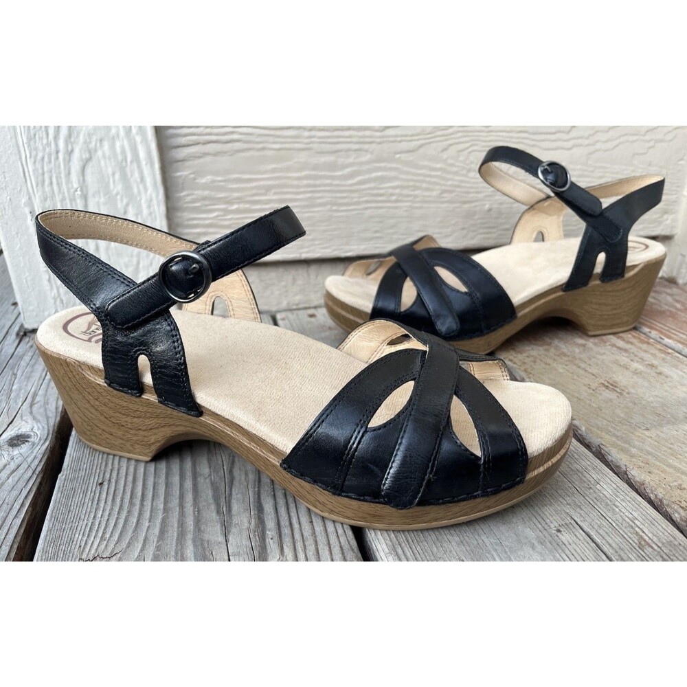 Dansko Season Women's 42 11.5-12 Black Leather Wedge Sandals